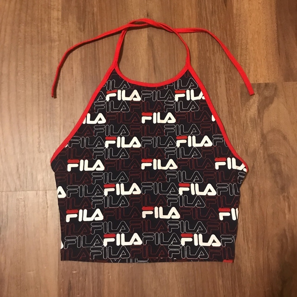 Fila Cropped Tie Back Halter Neck Tank Top With All Over Logo Print